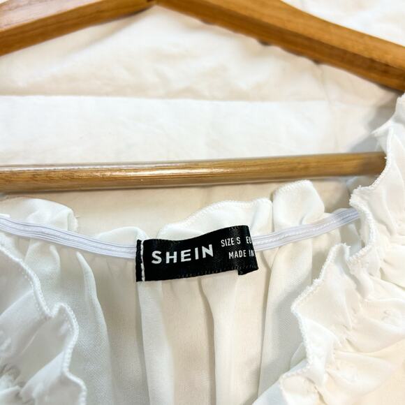 Shein White Swiss Dot Off-Shoulder Smocked Ruffle Mini Dress Size Small - Picture 5 of 6